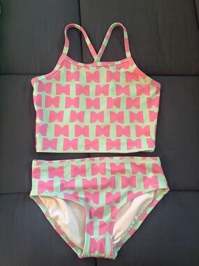 NEW! Hanna Andersson 2 piece  Swimsuit Pink Bows size 6-7 120 cm